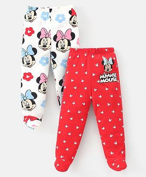 Babyhug Disney Cottton Knit Footed Diaper Leggings With Minnie Mouse Graphics Pack Of 2 - Red & White