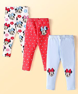 Babyhug Disney Lycra Knit Full Length Leggings With Minnie Mouse Graphics Pack of 3 - Red White & Light Grey