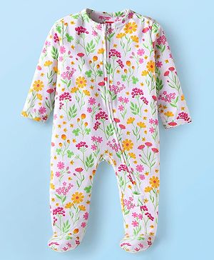 Babyhug Cotton Knit Full Sleeves Floral Printed Footed Front Open Sleep Suit - White