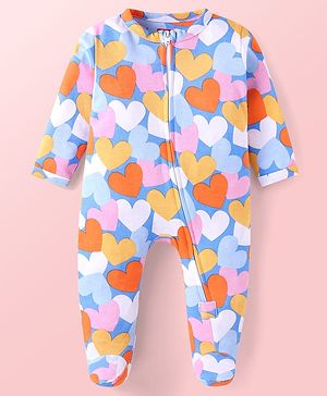Babyhug Cotton Knit Full Sleeves Sleep Suit With Heart Print - Light Blue