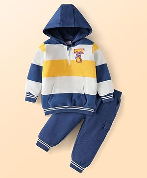 Babyhug Terry Knit Full Sleeves Front-Zipper Hooded T-Shirt with Sport Patch & Lounge Pant Set - Navy Blue & Yellow