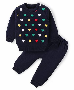 Babyhug Knitted Full Sleeves Pullover Sweater Set With Heart Design - Navy Babyhug Knitted Full Sleeves Pullover Sweater Set With Heart Design - Navy