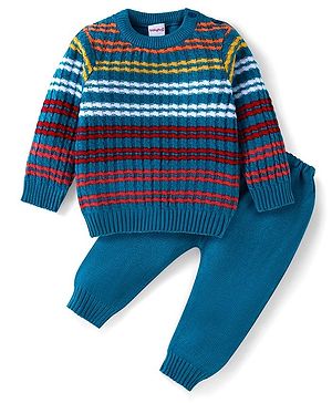 Babyhug Knitted Full Sleeves Striped Pullover Sweater - Royal Blue & Red