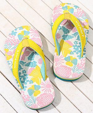 Pine Kids Slip On Flip Flops with Floral Print - Pink White & Yellow