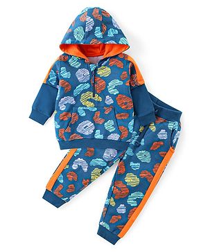Babyhug Cotton Knit Full Sleeves Hooded Front Zipper T-Shirt & Lounge Pants Printed Co-Ord Set With Kangaroo Pocket - Blue