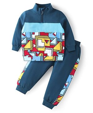 Babyhug Terry Knit Full Sleeves Cut & Sew Printed High Neck Sweatshirt & Joggers Set - Teal Blue