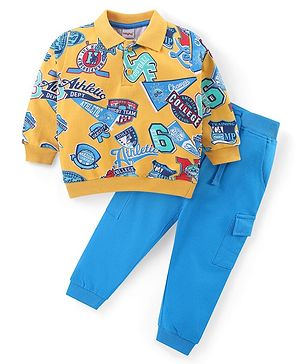 Babyhug Cotton Knit Full Sleeves Polo T-Shirt & Lounge Pants Set With Varsity Print - Multicolor