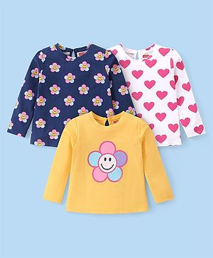 Babyhug Cotton Knit Full Sleeves T-Shirts with Floral & Heart Print Pack of 3 - White Yellow & Navy Blue