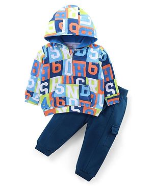 Babyhug Terry Knit Full Sleeves Hooded T-Shirt & Lounge Pants Set With Kangaroo Pocket & Alphabets Print - Blue