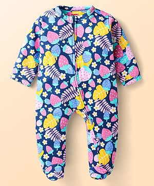 Babyhug Cotton Knit Full Sleeves Sleep Suit With Floral & Fruit Print - Navy Blue
