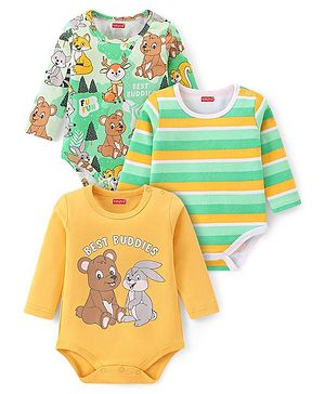 Babyhug 100% Cotton Knit Full Sleeves Onesies with Striped & Animal Print Pack of 3 - Yellow & Green