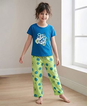 Pine Kids Single Jersey Knit Half Sleeves Floral & Text Printed Night Suit - Blue & Green