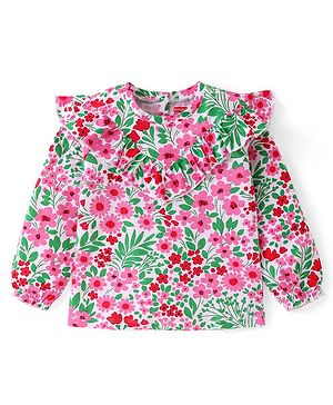 Babyhug Cotton Knit Full Sleeves Top Floral Print & Frill Detailing - Pink & Green
