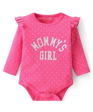 Babyhug 100 % Cotton Knit Full Sleeves Onesie with Polka Dots & Text Print - Pink
