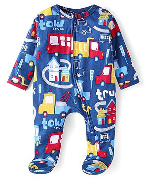 Babyhug Cotton Knit Full Sleeves Footed Sleep Suit With Vehicle Print - Blue