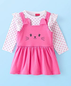 Babyhug 100% Cotton Knit Full Sleeves Polka Dots Printed T-Shirt & Frock Style Onesie - Pink & White