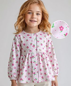 Bayhug Cotton Knit Full Sleeves Front Open Top with Lace Detailing & Floral Print - White