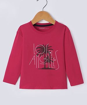 Doreme Cotton Knit Full Sleeves T-Shirt With Los Angeles Print - Dark Pink