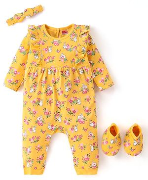Babyhug 100 % Cotton Full Sleeves Romper with Hairband Booties Frill Detailing & Floral Print - Yellow