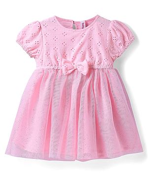 Babyhug Mesh Woven Half Puffed Sleeves Glitter Printed Frock with Bow Applique - Pink