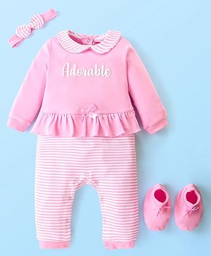 Babyhug 100 % Cotton Full Sleeves Striped Romper with Hairband Booties Frill Detailing & Text Print - Pink