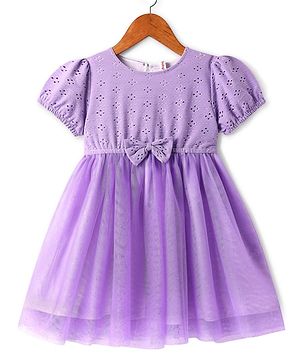 Babyhug Mesh Woven Puffed Sleeves Frock with Bow Applique - Purple