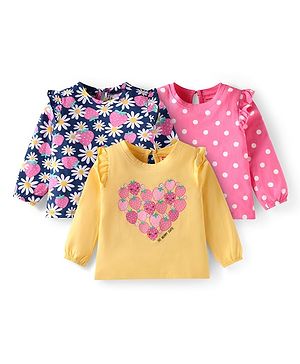Babyhug Cotton Knit Full Sleeves T-shirts Floral & Polka Dots Print with Frill  Pack of 3 - Blue Pink & Yellow