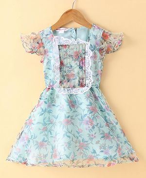 Under Fourteen Only Half Sleeves Floral Printed Lace Embellished Party Dress - Green