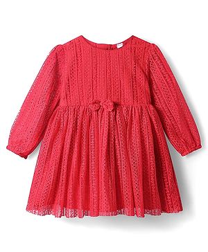 Babyhug Woven Full Peasant Sleeves Frock with Bow Applique - Red