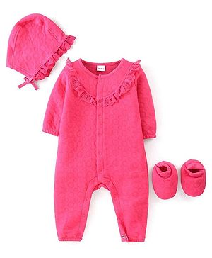 Babyhug Winter Polyfill Full Sleeves Romper with Cap & Booties Frill Detailing - Pink