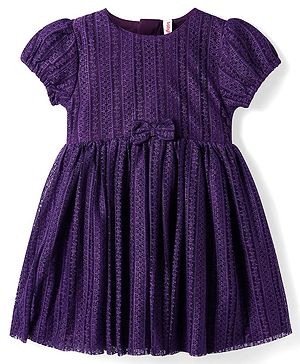 Babyhug Woven Half Puffed Sleeves  Frock with Bow Applique - Navy Blue