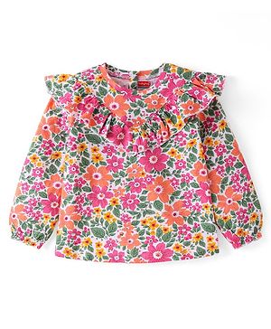 Babyhug Cotton Knit Full Sleeves Top Florl Print & Frill Detailing - White  Pink & Green