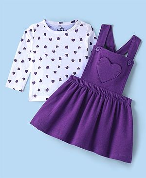 Doodle Poodle Interlock Cotton Knit Frock with Full Sleeves Heart Printed T-Shirt - Purple