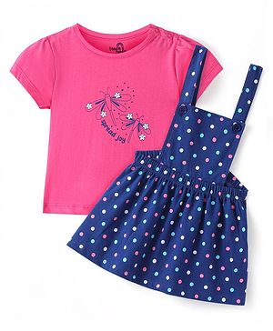 Doodle Poodle Single Jersey Knit Half Sleeves Dragon Fly & Floral Printed T-Shirt With Frock - Dark Pink & Blue