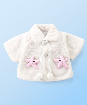 Babyhug Fur Woven Half Sleeves Winter Jacket with Star Applique - White