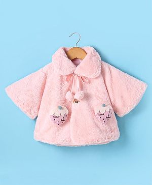 Babyhug Fur Woven Half Sleeves Winter Jacket with Strawberry Applique - Baby Pink