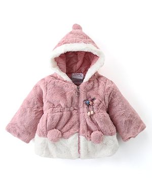 Babyhug Full Sleeves Fur Hooded Winter Jacket with Pom Pom - Light Pink