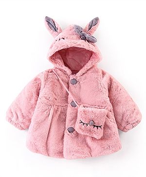 Babyhug Fur Woven Full Sleeves Hooded Winter Jacket with Ears Applique & Sling Bag - Pink