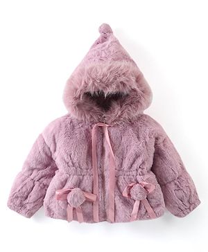 Babyhug Full Sleeves Fur Hooded Winter Jacket with Ribbons - Pink