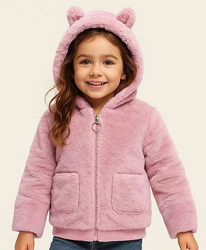 Babyhug Full Sleeves Fur Hooded Winter Jacket with Ears Applique - Light Pink