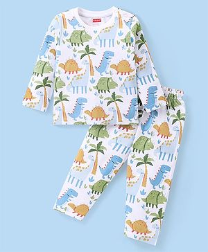 Babyhug Cotton Knit Full Sleeves  Night Suit Dino Print - White
