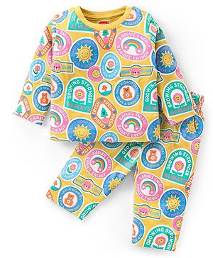 Babyhug Cotton Knit Full Sleeves Night Suit with Sun & Floral Print - Yellow