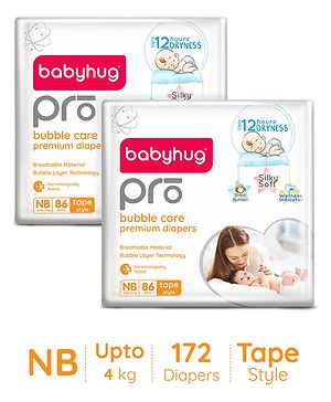 Babyhug Pro Bubble Care Premium Tape Style Diaper New Born (NB) Size - 86 Pieces - Pack of 2