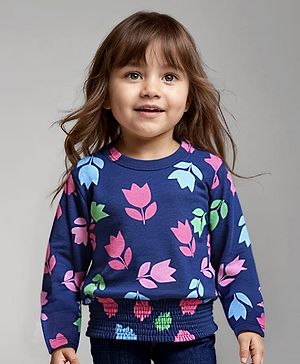 Babyhug Cotton Knit Full Sleeves Top with Floral Print - Navy Blue