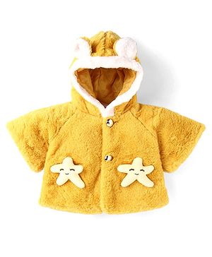 Babyhug Woven Half Raglan Sleeves Hooded Sweatjacket With Star Applique - Yellow