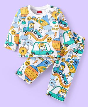 Babyhug Cotton Knit Full Sleeves Night Suit With Animal & Vehicle Print - White