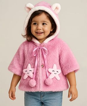 Babyhug Fur Woven Half Sleeves Hooded Winter Jacket With Starfish Applique & Ears Detailing - Pink