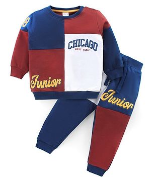 Babyhug Cotton Knit Full Sleeves Color Block T-Shirt & Lounge Pants Set With Text Print - Multicolor