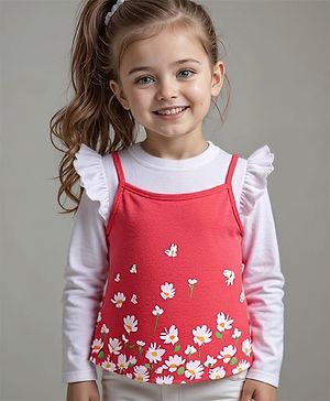 Babyhug Cotton Knit Full Sleeves Floral Printed Top with T-Shirt Frill Detailing - Red