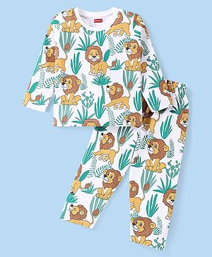 Babyhug Cotton Knit Full Sleeves Night Suit Lion Print - White